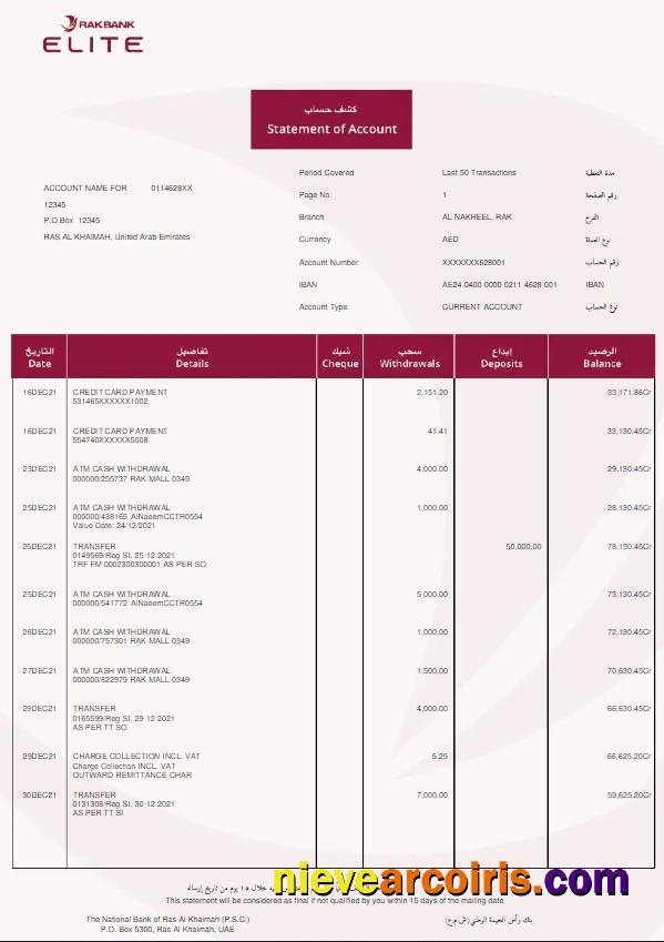 Editable UAE Rakbank Elite Bank Statement Word And PDF Template W