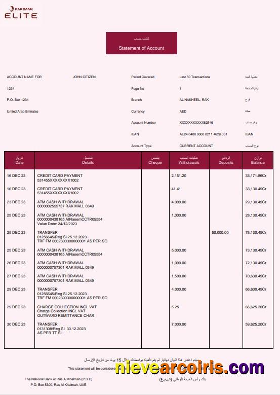 Professional UAE Rakbank Elite Bank Statement Word And PDF Template