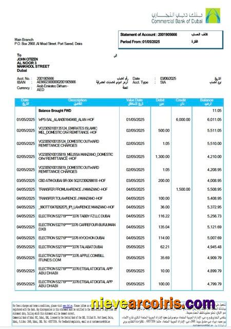 Editable UAE Commercial Bank Of Dubai Statement Of Account Word And PDF Template