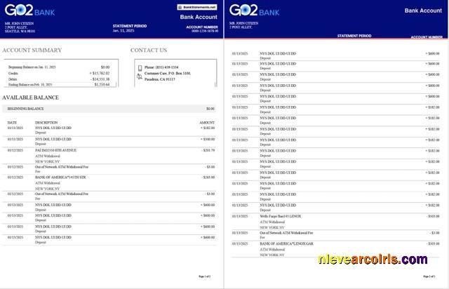 Realistic UK GO2 Bank Statement Word And PDF Template, 2 Pages