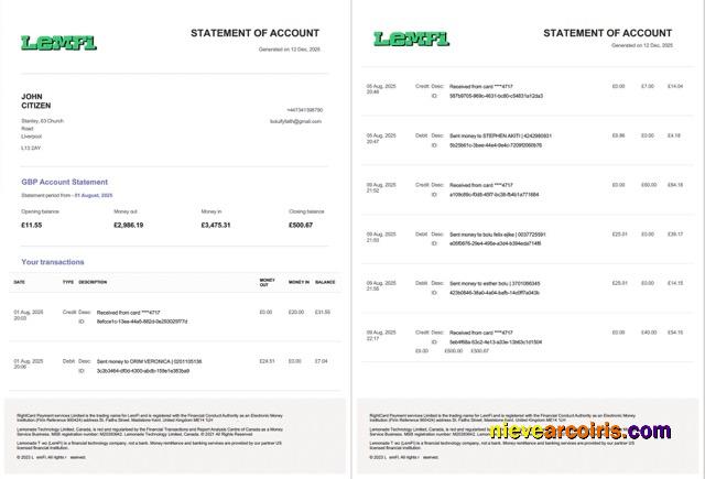 Realistic UK Lemfi Account Statement Word And PDF Template, 2 Pages