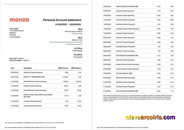 Premium UK Monzo Bank Account Statement Word And PDF Template, 2 Pages