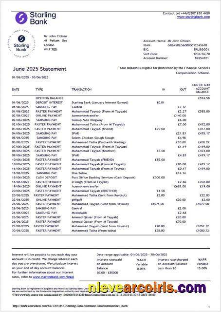 Editable UK Starling Bank Statement Word And PDF Template