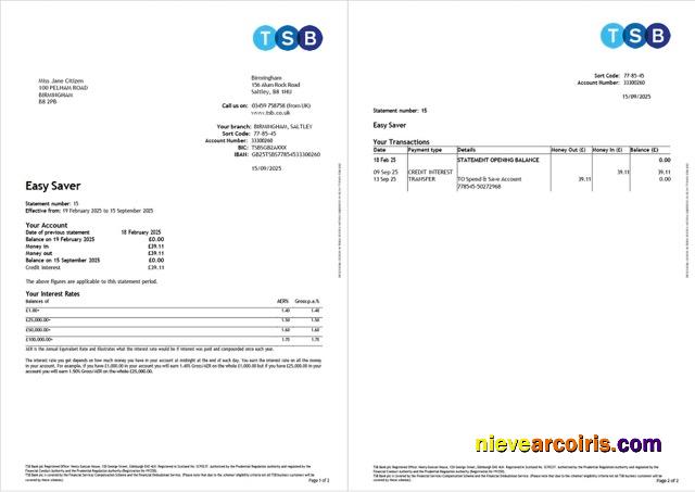 Realistic UK TSB Bank Account Statement Word And PDF Template, 2 Pages