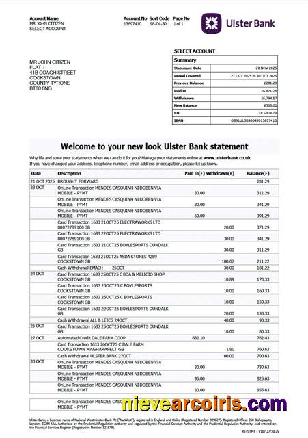 Premium UK Ulster Bank Statement Word And PDF Template