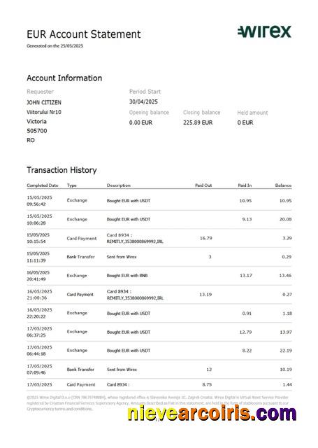 Editable UK Wirex Account Statement Word And PDF Template