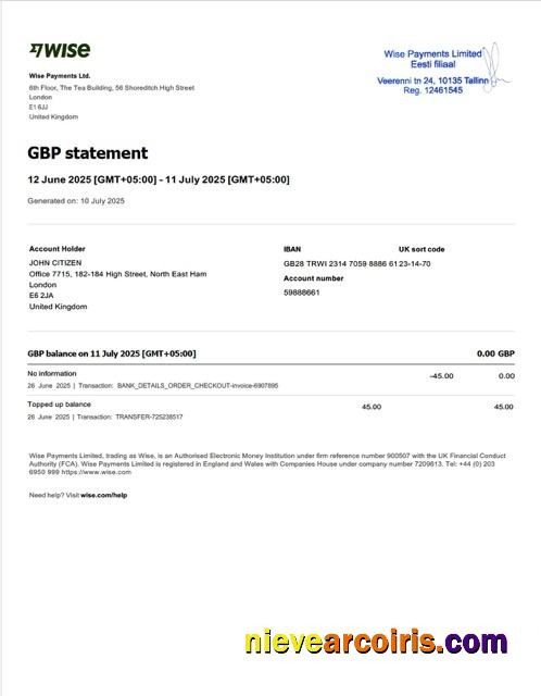 Editable UK Wise Payments Account Statement Word And PDF Template