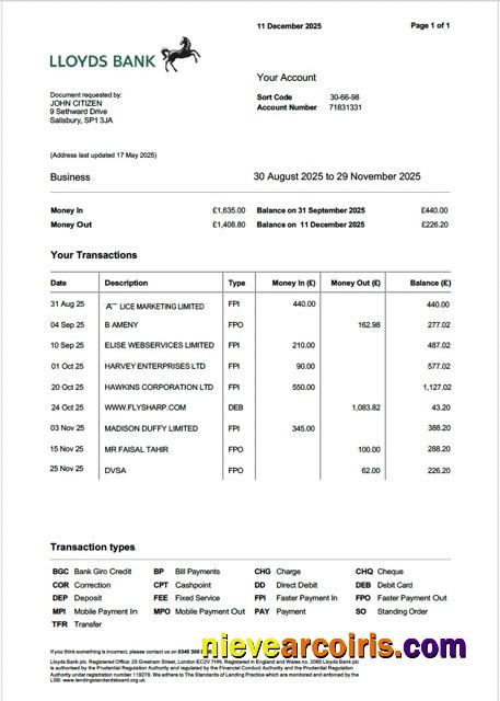 Editable UK Lloyds Bank Account Statement Word And PDF Template