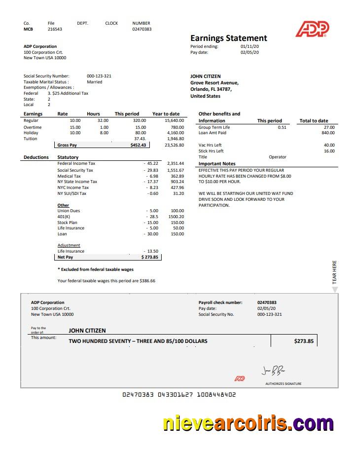 Realistic USA ADP Earnings Statement Template In Word And PDF Format