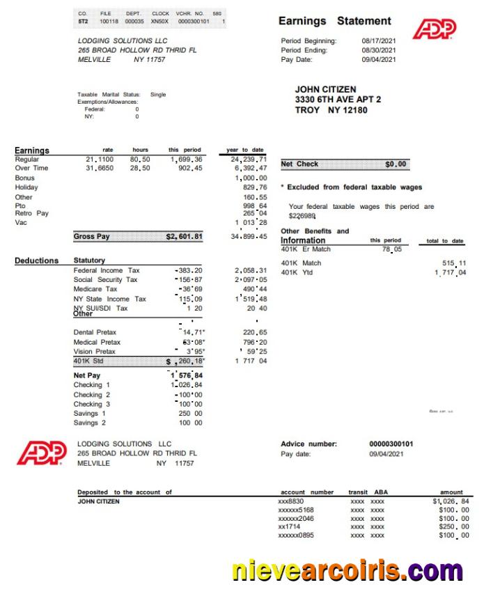 Premium USA ADP Business Corporate Earnings Statement Template In Word And PDF Format