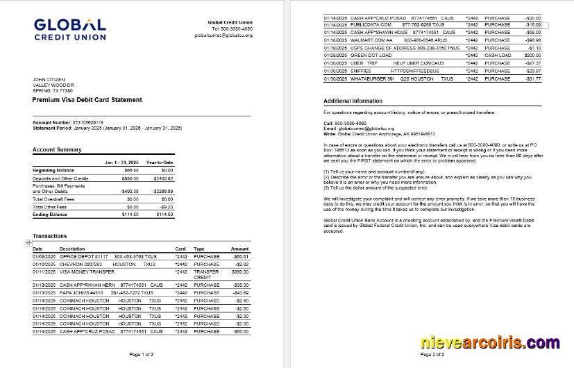Editable USA Alaska Global Credit Union Bank Statement, Word And PDF Template, 2 Pages