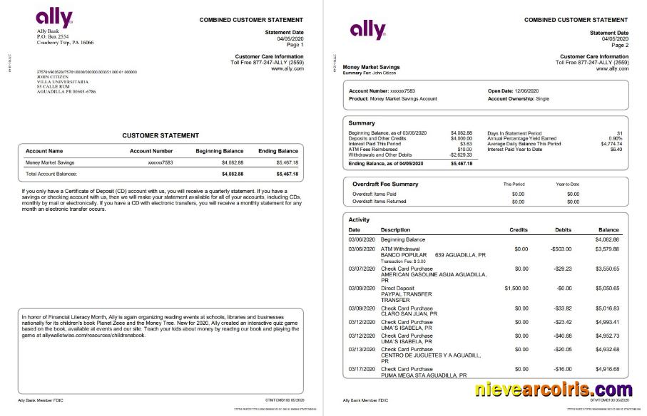 Professional USA Ally Bank Statement Template In Word And PDF Format (4 Pages)