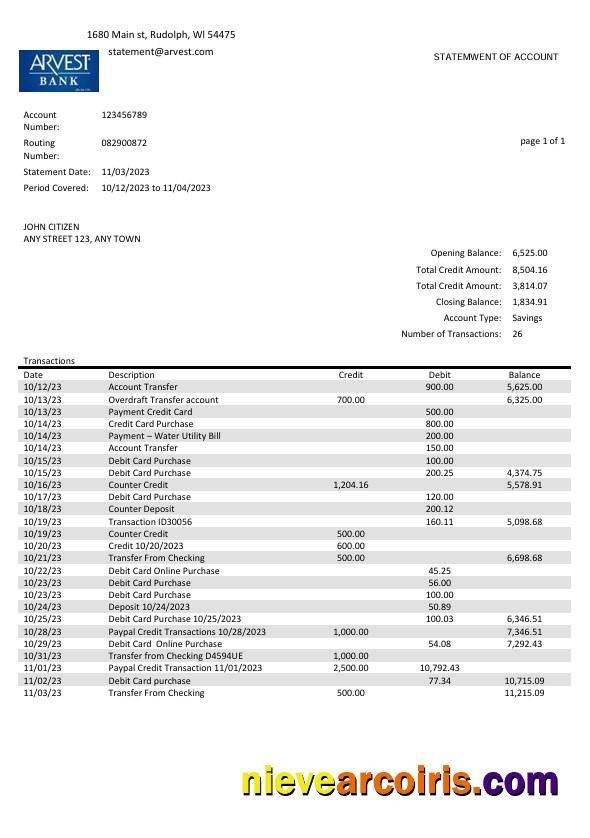 Realistic USA Arvest Bank Statement Word And PDF Template