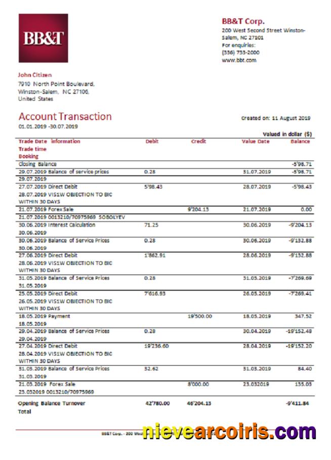 Professional USA BB&T Corp. Bank Statement Easy To Fill Template In .xls And .pdf File Format