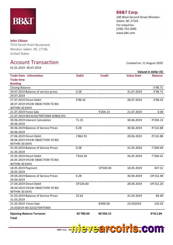 Editable USA BB&T Corp. Bank Statement Template In Word And PDF Format