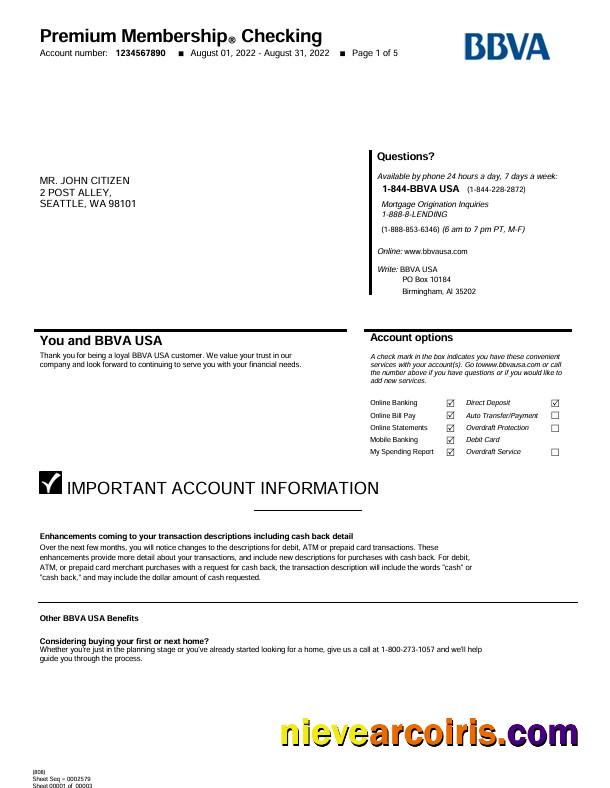 Editable USA BBVA Bank Statement Word And PDF Template, 5 Pages