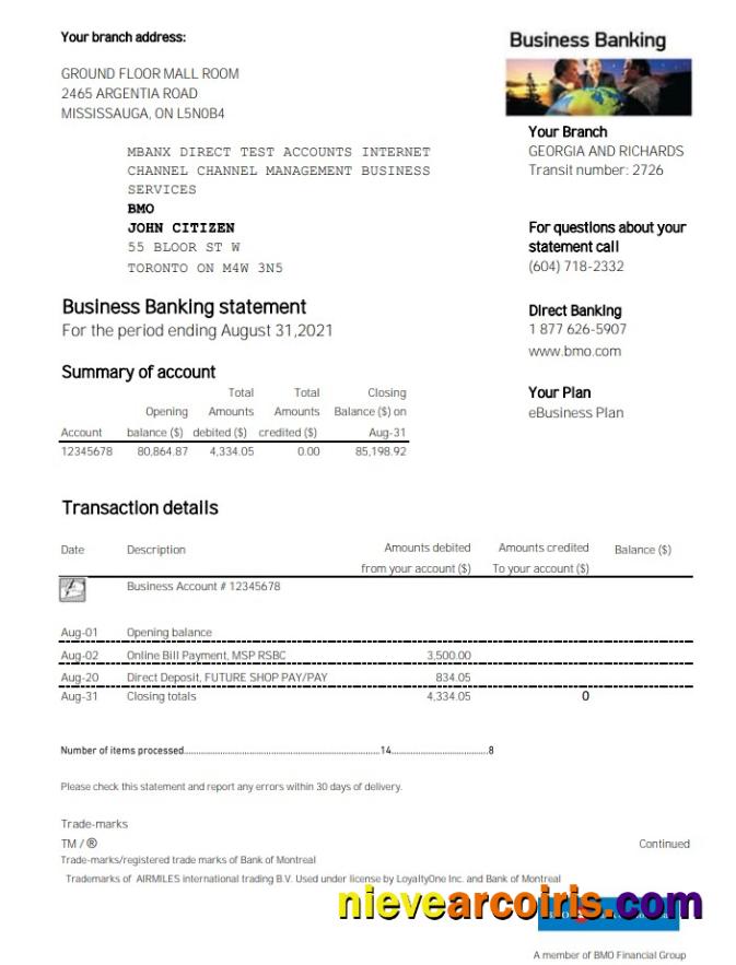 Premium USA BMO Bank Of Montreal Bank Proof Of Address Statement Template In Excel And PDF Format