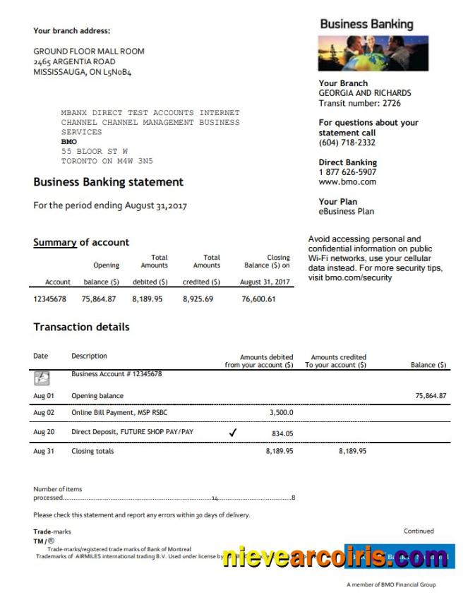 Realistic USA BMO Bank Of Montreal Bank Proof Of Address Statement Template In Word And PDF Format