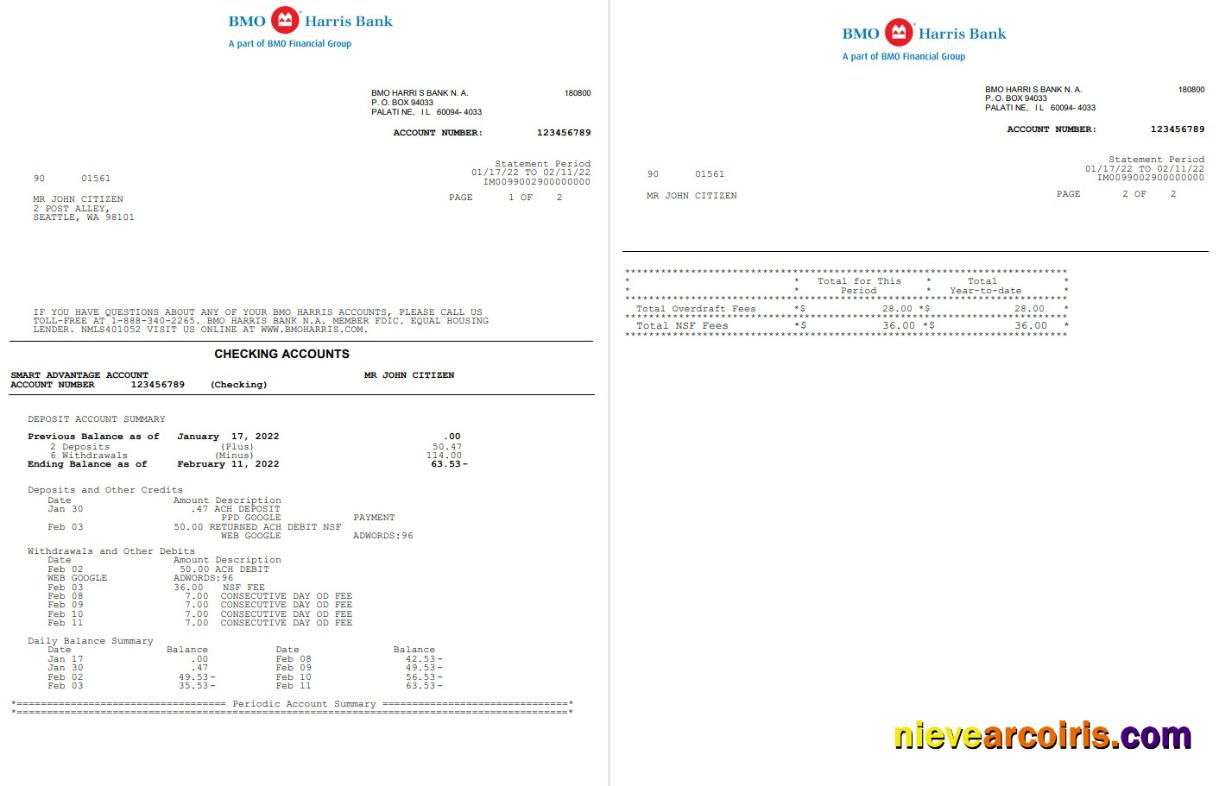 Premium USA BMO Harris Bank Statement Word And PDF Template, 3 Pages