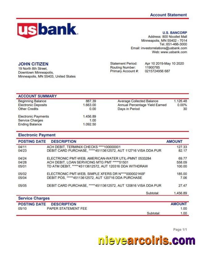 Premium USA Bancorp Bank Proof Of Address Statement Template In Word And PDF Format