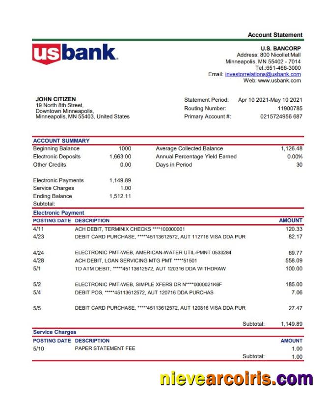 Realistic USA Bancorp Bank Statement Easy To Fill Template In .xls And .pdf File Format