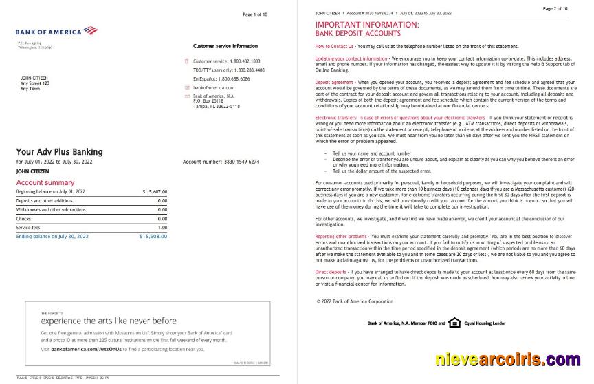 Professional USA Bank Of America Bank Statement Word And PDF Template (10 Pages), Version 5