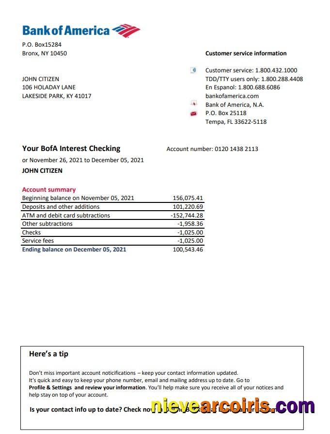Premium USA Bank Of America Bank Statement Easy To Fill Template In .xls And .pdf File Format