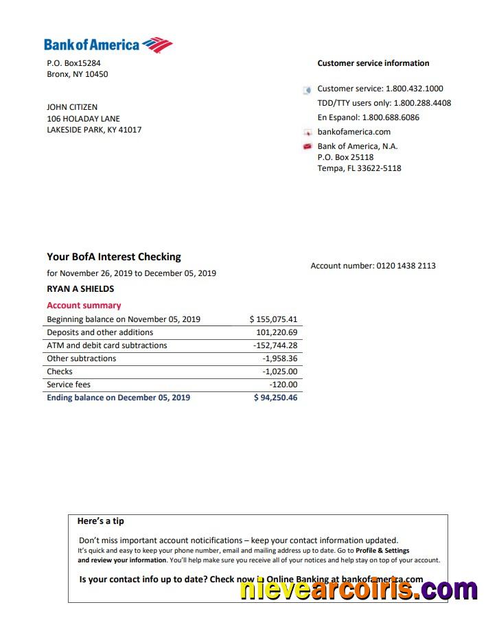 Editable USA Bank Of America Bank Statement Easy To Fill Template In Word And PDF Format