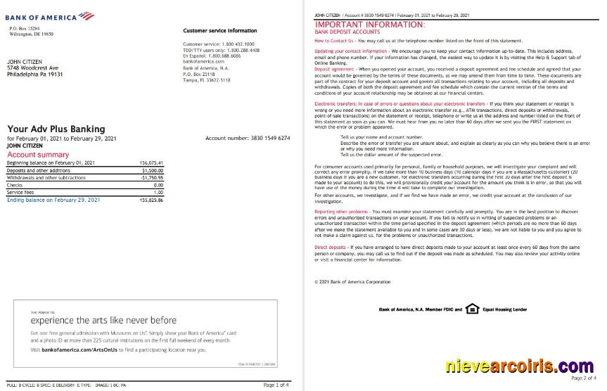 Realistic USA Bank Of America Bank Statement Template In Excel And PDF Format (4 Pages), Version 3
