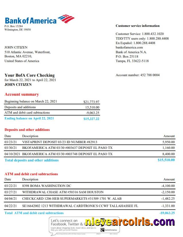 Professional USA Bank Of America Bank Statement Template In Excel And PDF Format, Version 4