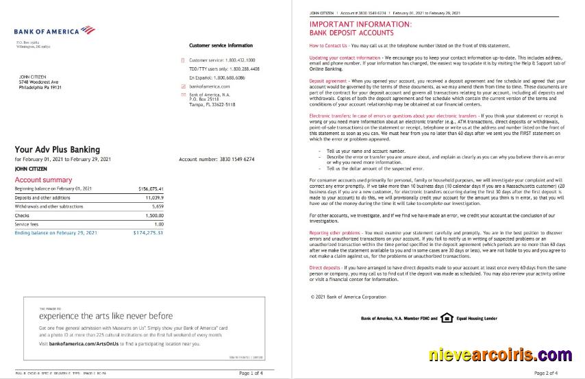 Premium USA Bank Of America Bank Statement Template In Word And PDF Format (4 Pages), Version 3