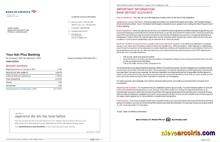 Realistic USA Bank Of America Bank Statement Template In Word And PDF Format, 6 Pages, Version 2