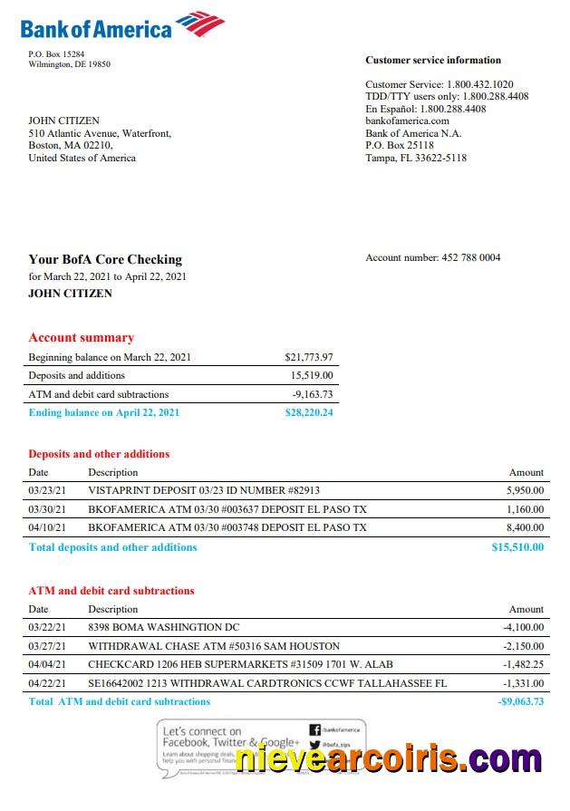 Professional USA Bank Of America Bank Statement Template In Word And PDF Format, Version 4