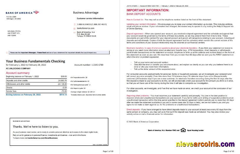 Editable USA Bank Of America Bank Statement, Word And PDF Template, 10 Pages