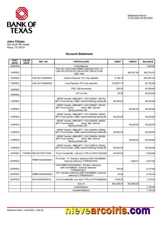 USA Bank Of Texas Account Statement Preview