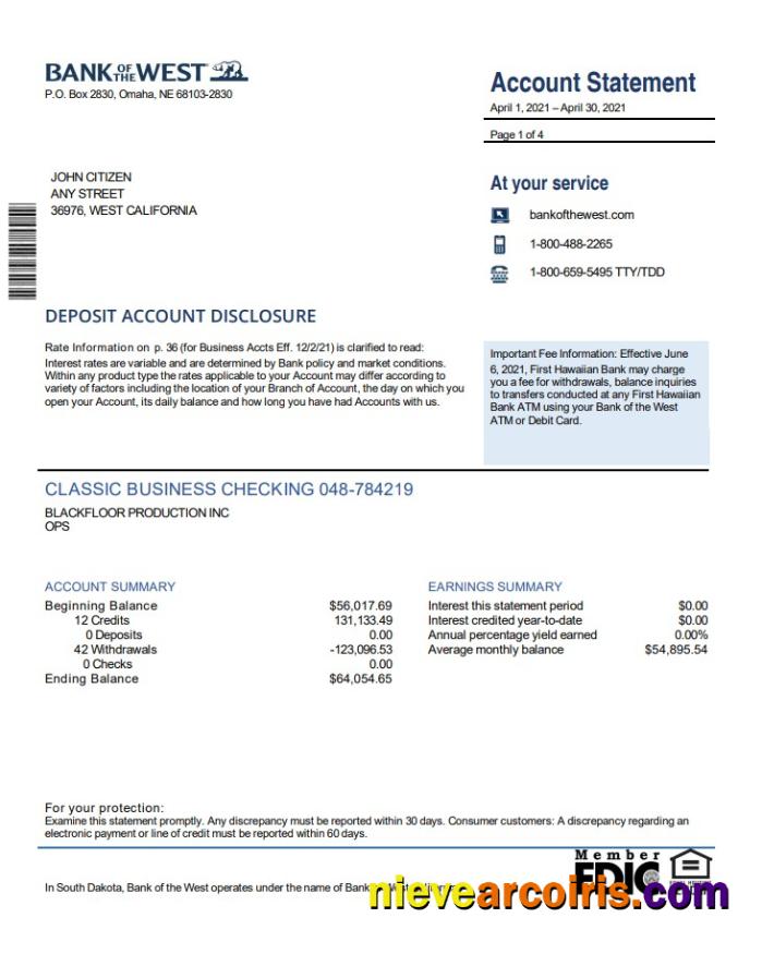 USA Bank Of The West Bank Statement Sample