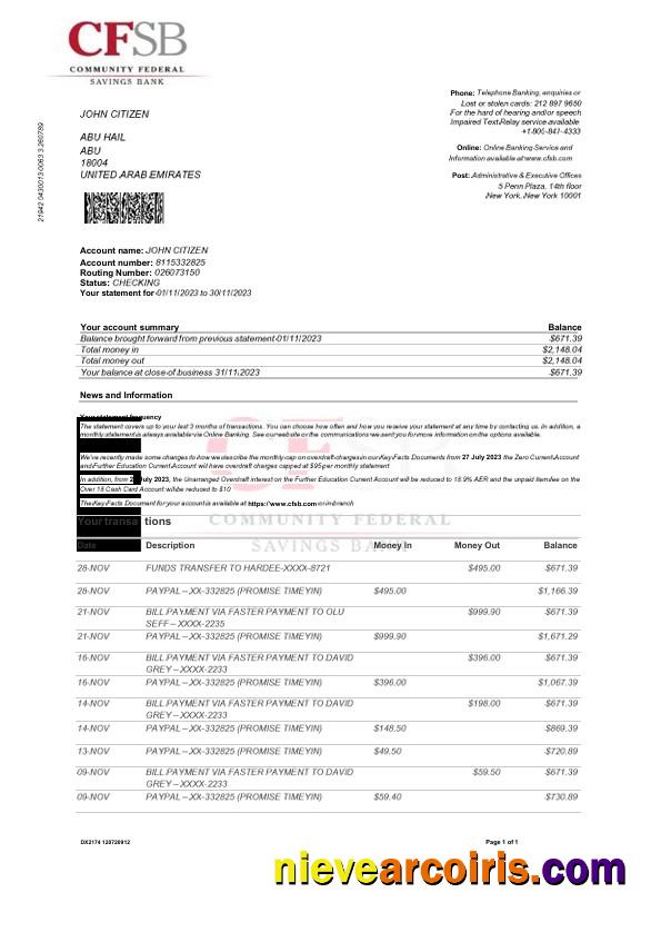 Professional USA CFSB Bank Statement Word And PDF Template