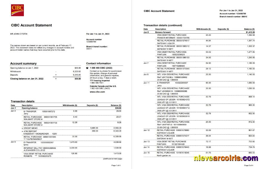 Premium USA CIBC Bank Statement, Word And PDF Template, 4 Pages