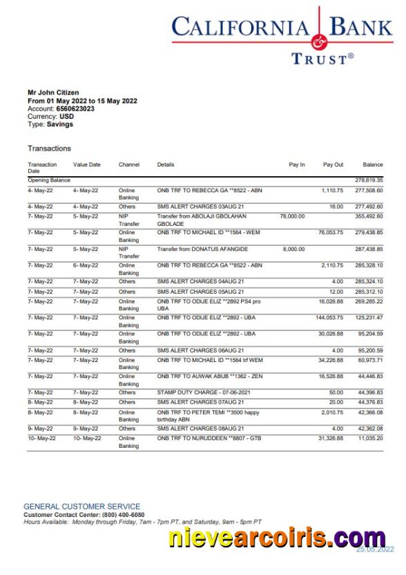 USA California Bank Trust Statement Preview