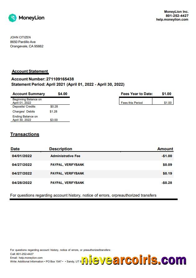 USA California MoneyLion Bank Statement Preview