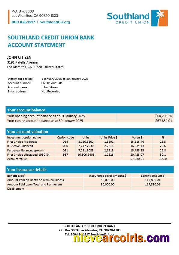 Professional USA California Southland Credit Union Bank Statement, Word And PDF Template
