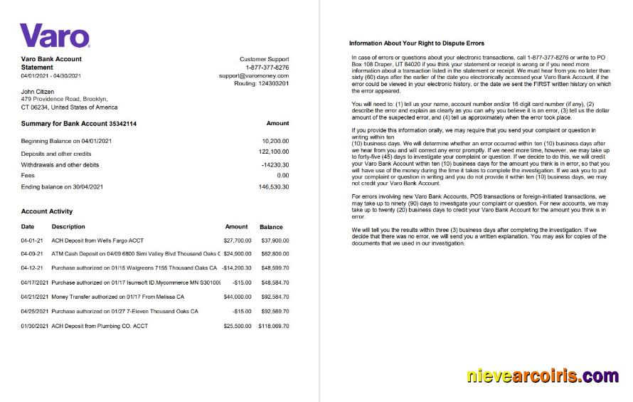Realistic USA California Varo Bank Statement Template In Excel And PDF Format (2 Pages)