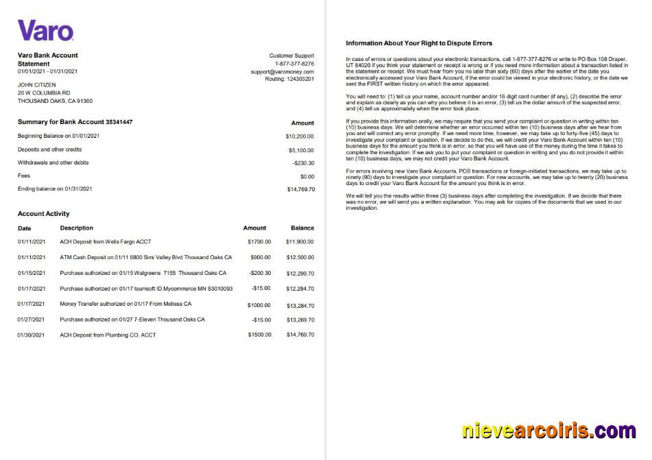 Editable USA California Varo Bank Statement Template In Word And PDF Format, 2 Pages