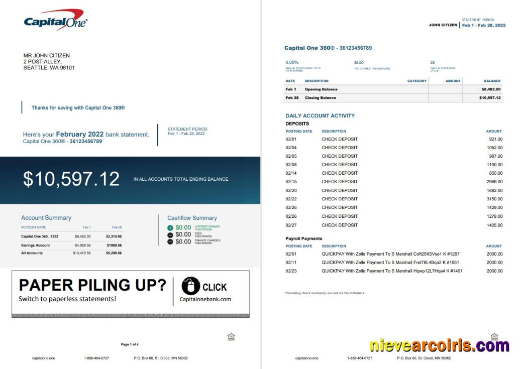 Editable USA Capital One Bank Statement Word And PDF Template, 4 Pages