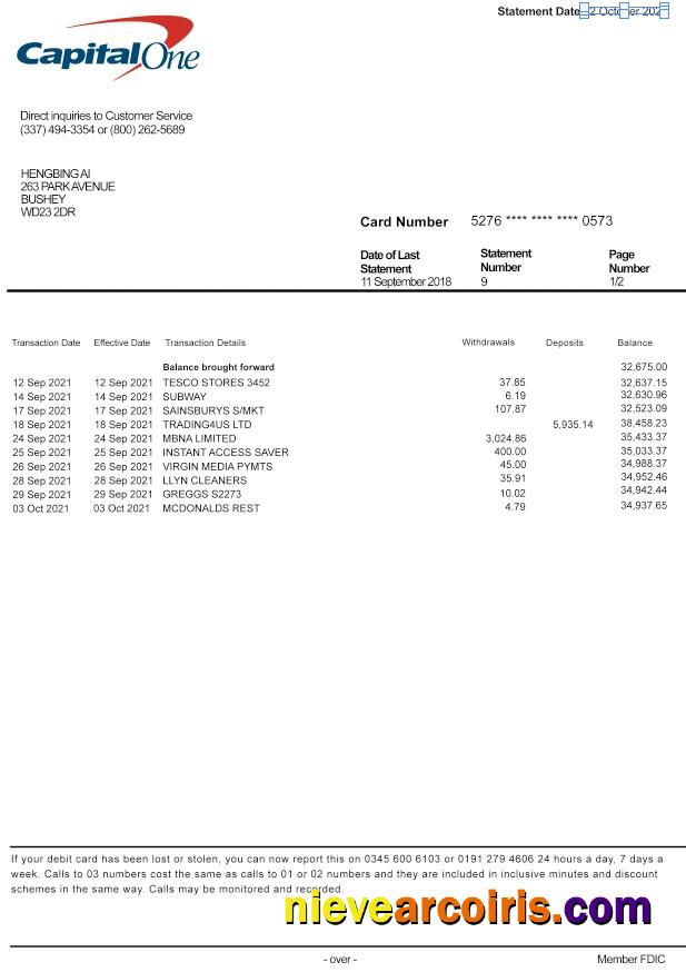 Editable USA Capital One Bank Statement Template PSD Format, Version 2