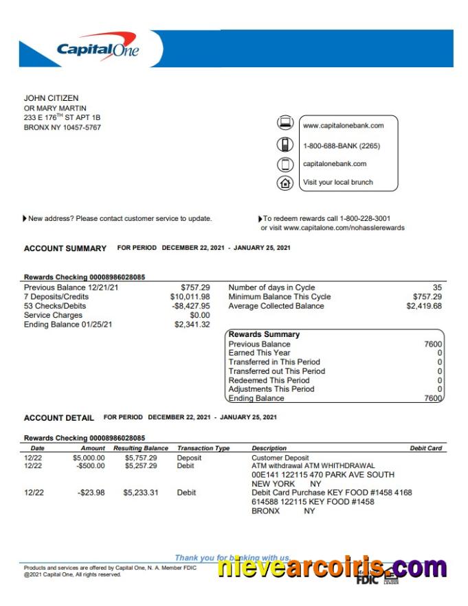 Realistic USA Capital One Bank Statement Template In Word And PDF Format, Version 4