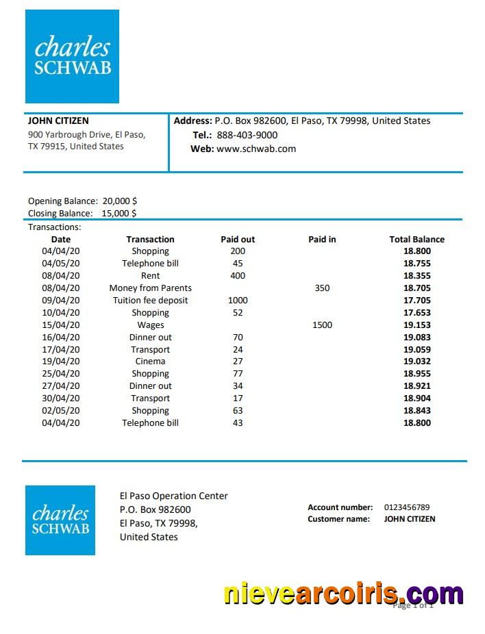 Professional USA Charles Schwab & Co Bank Proof Of Address Statement Template In Word And PDF Format