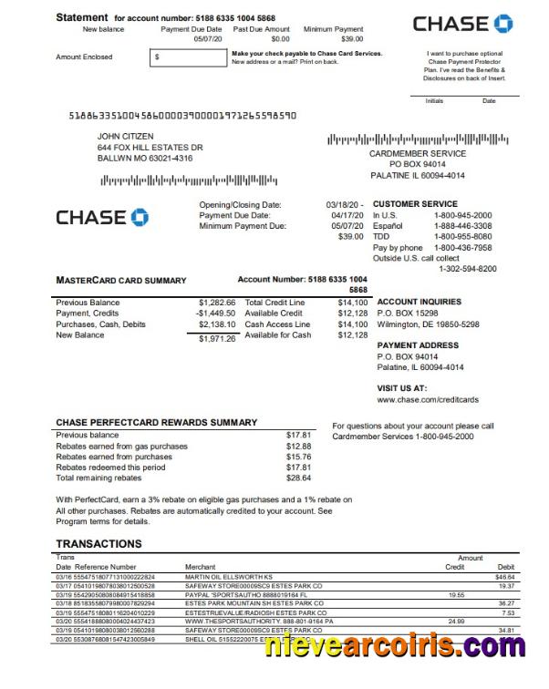 Realistic USA Chase Bank Mastercard Card Statement Easy To Fill Template In Word And PDF Format