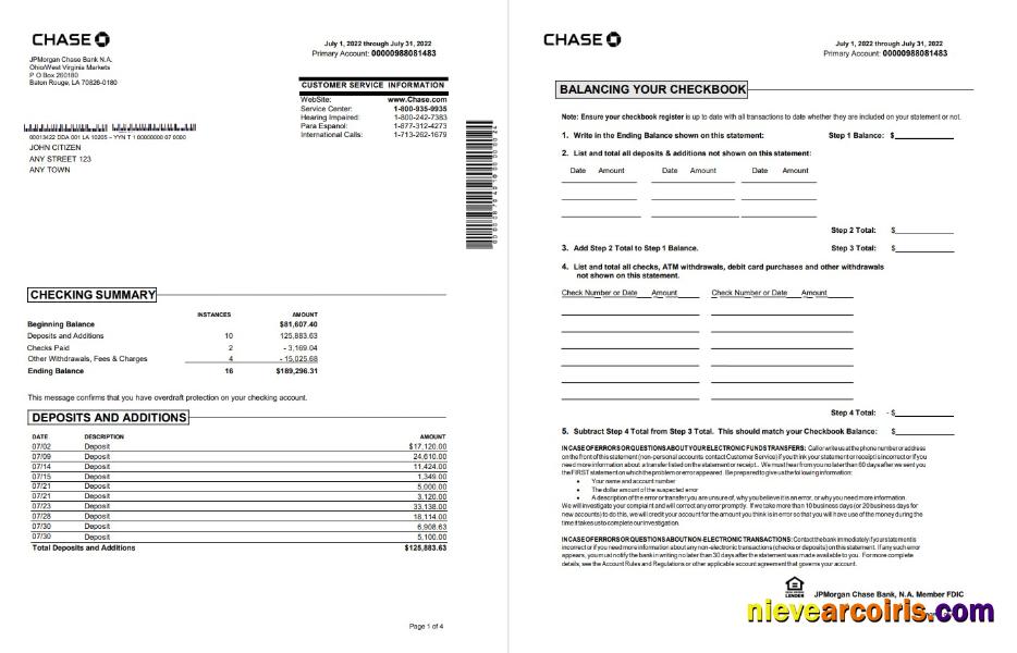 Realistic USA Chase Bank Statement Word And PDF Template, 4 Pages