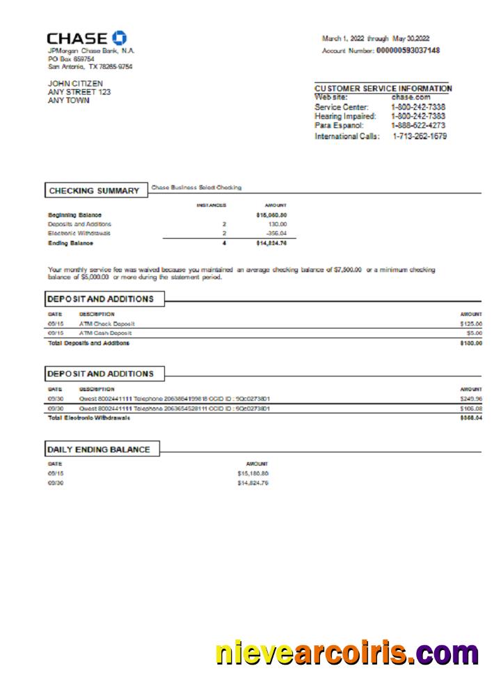Professional USA Chase Bank Statement Word And PDF Template, Version 3.1